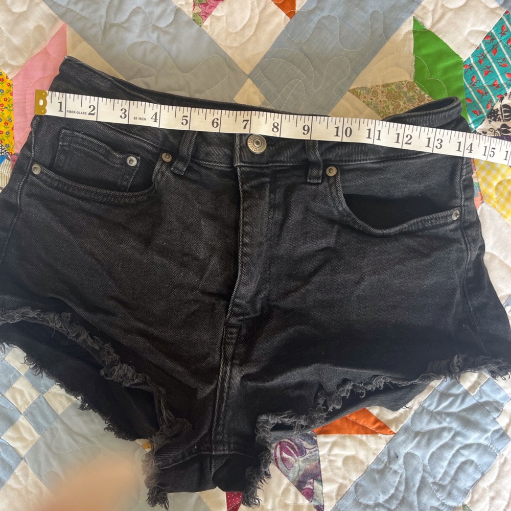 H&M Black Denim Micro Mini Shorts Distressed Y2K Gyaru McBling 2000s - Picture 5 of 5